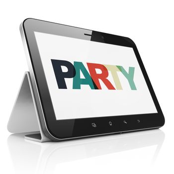 Entertainment, concept: Tablet Computer with Painted multicolor text Party on display, 3D rendering
