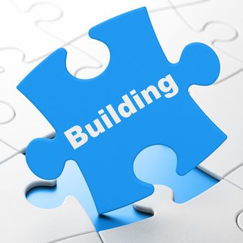 Building construction concept: Building on Blue puzzle pieces background, 3D rendering