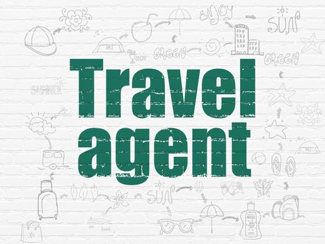 Tourism concept: Painted green text Travel Agent on White Brick wall background with Scheme Of Hand Drawn Vacation Icons