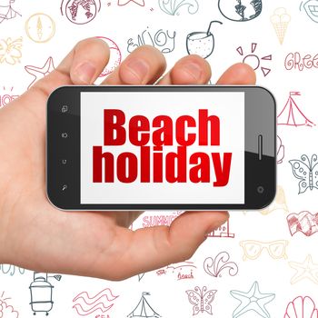 Travel concept: Hand Holding Smartphone with  red text Beach Holiday on display,  Hand Drawn Vacation Icons background, 3D rendering