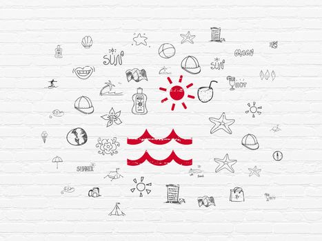 Tourism concept: Painted red Beach icon on White Brick wall background with  Hand Drawn Vacation Icons
