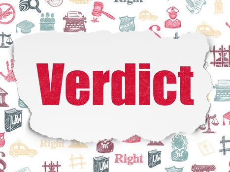 Law concept: Painted red text Verdict on Torn Paper background with  Hand Drawn Law Icons