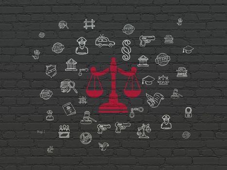Law concept: Painted red Scales icon on Black Brick wall background with  Hand Drawn Law Icons