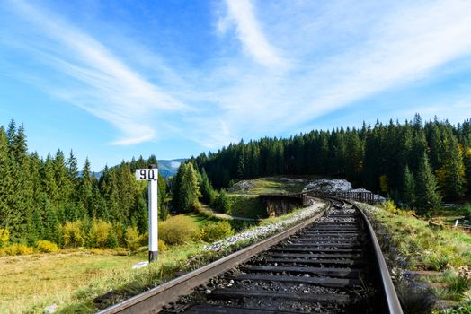 Railways in the Carpathian mountains, stretching into the distance against the blue sky