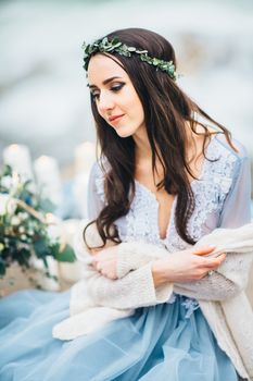 Сouple of newlyweds in the Carpathian waterfall, a wedding walk