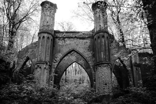 Ruined medieval bridge with towers in the old forest
