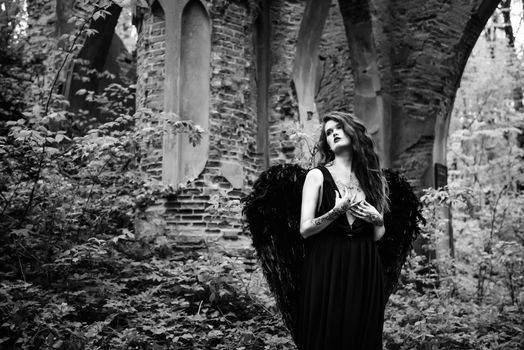 Fallen angel with black wings in the old forest