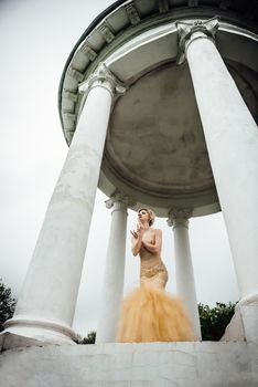 model girl dress gold angel posing in the woods near the old columns