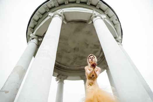 model girl dress gold angel posing in the woods near the old columns