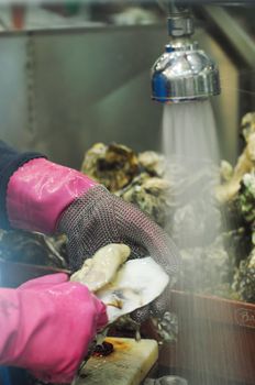 Pacific Oysters Grande cleaning before cooking at fish market in Sydney, New South Wales, Australia 