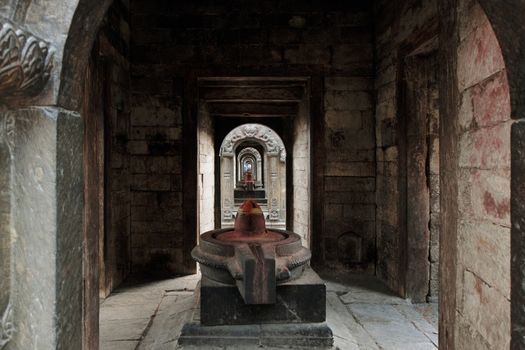 Ancient Indian temple architecture in the Pashupatinath temple complex in Kathmandu.