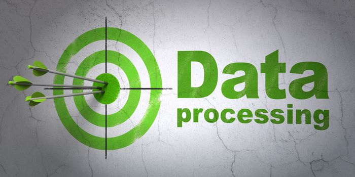 Success Information concept: arrows hitting the center of target, Green Data Processing on wall background, 3D rendering