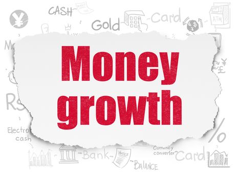Banking concept: Painted red text Money Growth on Torn Paper background with Scheme Of Hand Drawn Finance Icons