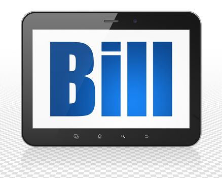 Currency concept: Tablet Pc Computer with blue text Bill on display, 3D rendering