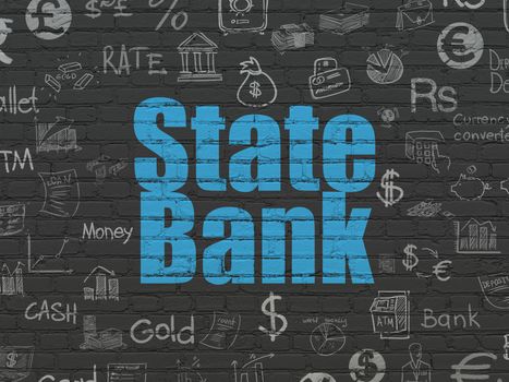 Money concept: Painted blue text State Bank on Black Brick wall background with  Hand Drawn Finance Icons