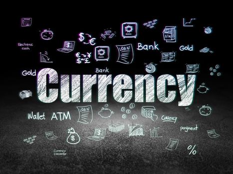 Money concept: Glowing text Currency,  Hand Drawn Finance Icons in grunge dark room with Dirty Floor, black background