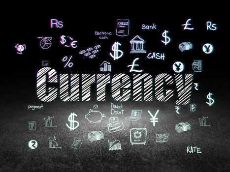 Currency concept: Glowing text Currency,  Hand Drawn Finance Icons in grunge dark room with Dirty Floor, black background