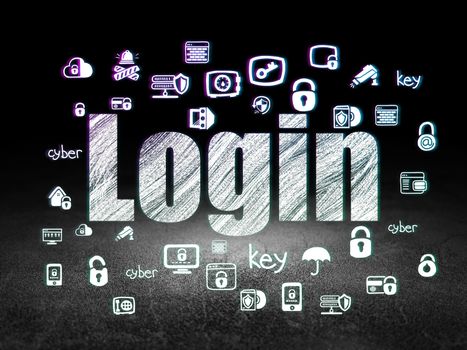 Privacy concept: Glowing text Login,  Hand Drawn Security Icons in grunge dark room with Dirty Floor, black background