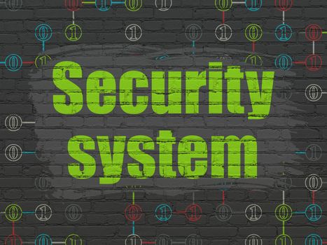 Privacy concept: Painted green text Security System on Black Brick wall background with Scheme Of Binary Code