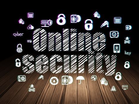 Privacy concept: Glowing text Online Security,  Hand Drawn Security Icons in grunge dark room with Wooden Floor, black background