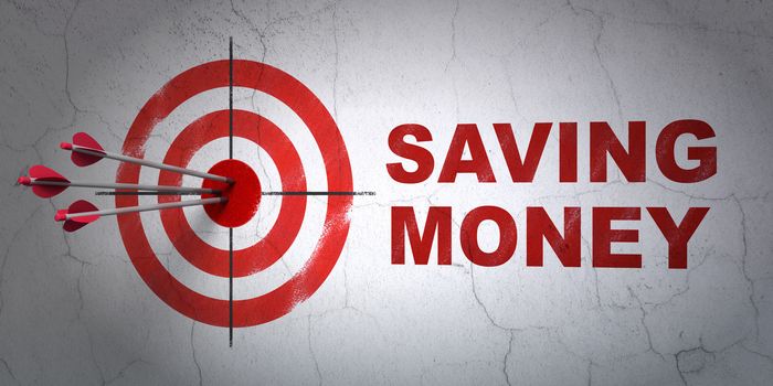 Success finance concept: arrows hitting the center of target, Red Saving Money on wall background, 3D rendering