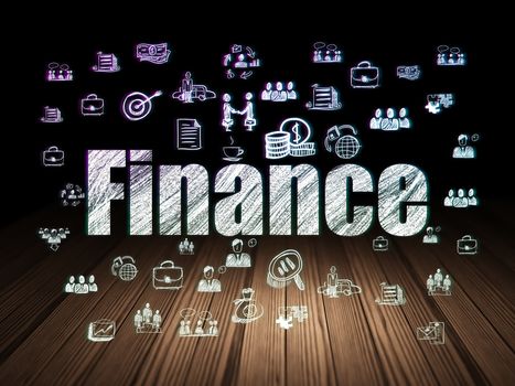 Finance concept: Glowing text Finance,  Hand Drawn Business Icons in grunge dark room with Wooden Floor, black background