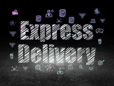Business concept: Glowing text Express Delivery,  Hand Drawn Business Icons in grunge dark room with Dirty Floor, black background