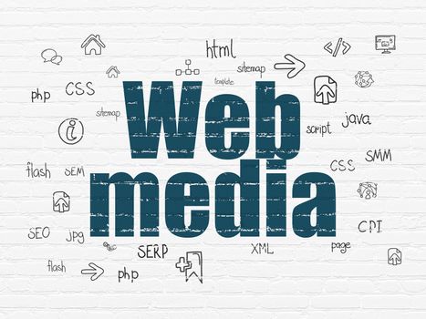 Web design concept: Painted blue text Web Media on White Brick wall background with  Hand Drawn Site Development Icons