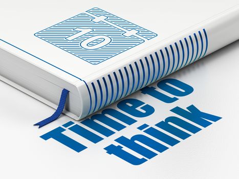 Timeline concept: closed book with Blue Calendar icon and text Time To Think on floor, white background, 3D rendering