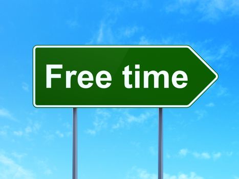 Time concept: Free Time on green road highway sign, clear blue sky background, 3D rendering