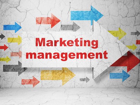 Marketing concept:  arrow with Marketing Management on grunge textured concrete wall background, 3D rendering