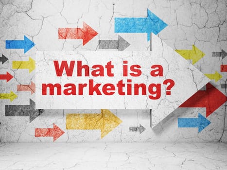 Marketing concept:  arrow with What is a Marketing? on grunge textured concrete wall background, 3D rendering
