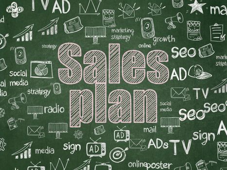 Advertising concept: Chalk Pink text Sales Plan on School board background with  Hand Drawn Marketing Icons, School Board