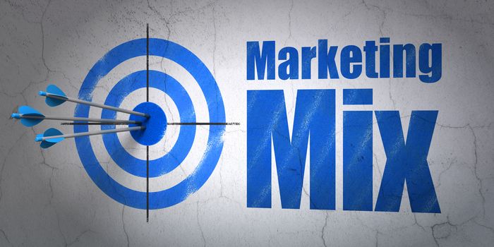 Success marketing concept: arrows hitting the center of target, Blue Marketing Mix on wall background, 3D rendering