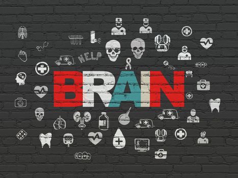 Healthcare concept: Painted multicolor text Brain on Black Brick wall background with  Hand Drawn Medicine Icons