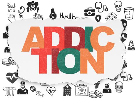 Medicine concept: Painted multicolor text Addiction on Torn Paper background with  Hand Drawn Medicine Icons