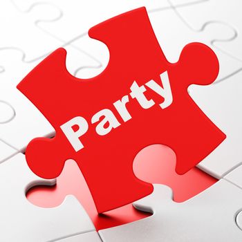 Holiday concept: Party on Red puzzle pieces background, 3D rendering