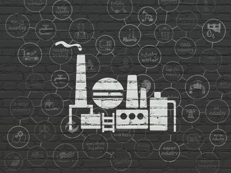 Industry concept: Painted white Oil And Gas Indusry icon on Black Brick wall background with Scheme Of Hand Drawn Industry Icons