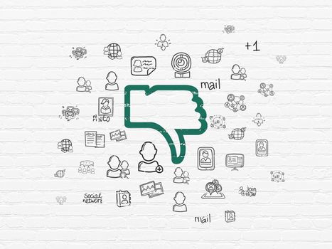 Social media concept: Painted green Thumb Down icon on White Brick wall background with  Hand Drawn Social Network Icons
