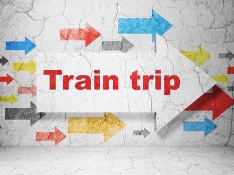 Tourism concept:  arrow with Train Trip on grunge textured concrete wall background, 3D rendering