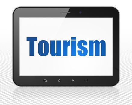 Tourism concept: Tablet Pc Computer with blue text Tourism on display, 3D rendering