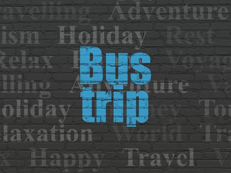 Tourism concept: Painted blue text Bus Trip on Black Brick wall background with  Tag Cloud