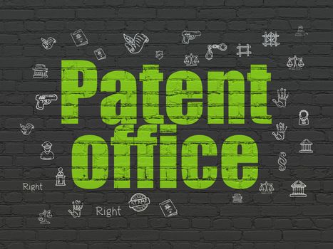 Law concept: Painted green text Patent Office on Black Brick wall background with  Hand Drawn Law Icons