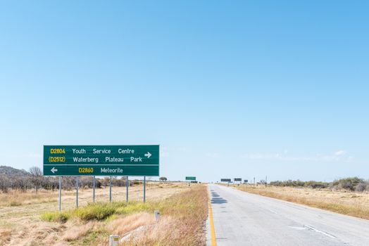 Directional sign at the turn-off from the B8-road to the Hoba meteorite near Grootfontein in the Otjozondjupa Region of Namibia