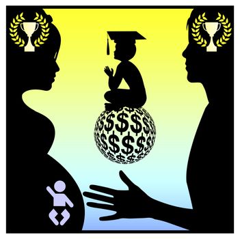 Parents with expectations for their unborn child, riches and successful academic career