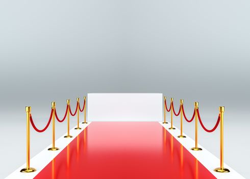 Red glossy carpet with a barrier. White empty pedestal. 3d illustration