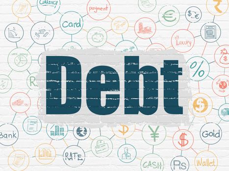 Currency concept: Painted blue text Debt on White Brick wall background with Scheme Of Hand Drawn Finance Icons