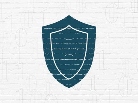 Safety concept: Painted blue Shield icon on White Brick wall background with  Binary Code