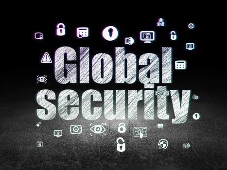Privacy concept: Glowing text Global Security,  Hand Drawn Security Icons in grunge dark room with Dirty Floor, black background