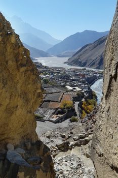 Nepal mountain town Kagbeni in a mountain valley in autumn, a view through the gorge